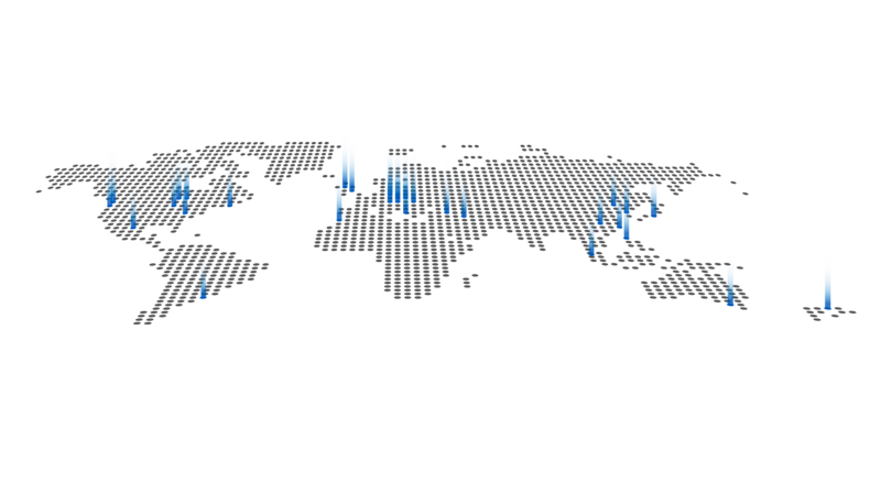 Weltkarte mit einer schematischen Darstellung der Vertriebsstandorte von Hahn Gasfedern, visualisiert durch blaue Markierungen.