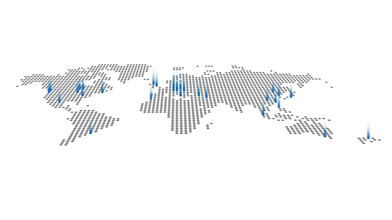 Weltkarte mit einer schematischen Darstellung der Vertriebsstandorte von Hahn Gasfedern, visualisiert durch blaue Markierungen.