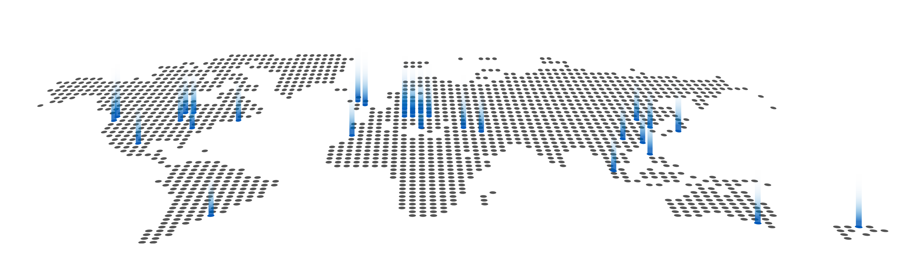 Weltkarte mit einer schematischen Darstellung der Vertriebsstandorte von Hahn Gasfedern, visualisiert durch blaue Markierungen.